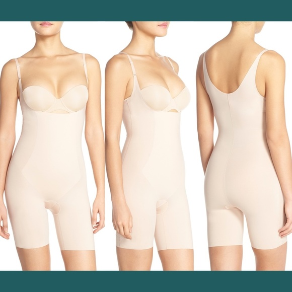 $88 Spanx Thinstincts Open Bust Mid Thigh Bodysuit in Nude [SZ Small ]‎ - Picture 1 of 9